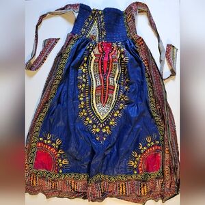 African Dress Blue & Red with Dashiki Design w/ Smocked Bodice & Tie Straps